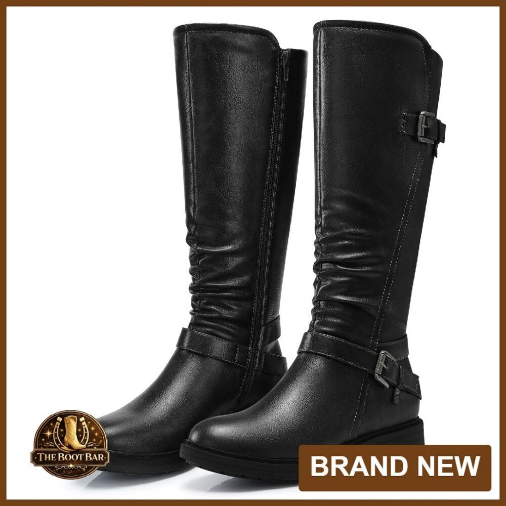 Knee High Boots Low Heel Side Zipper Round Toe Fall Winter Dressy Shoes